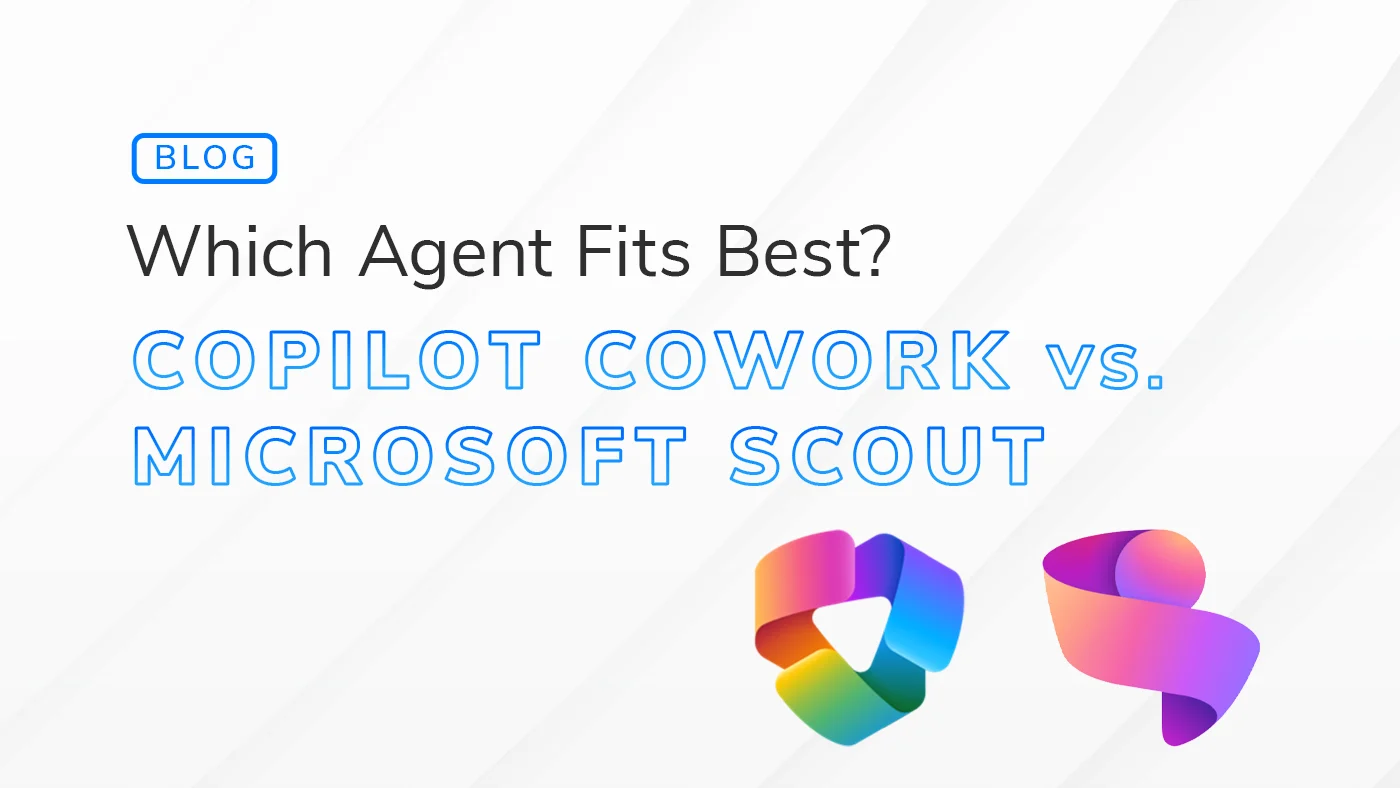 Blog header for a post titled 'Which Agent Fits Best? Copilot Cowork vs. Microsoft Scout' with two colorful logos on a light striped background.