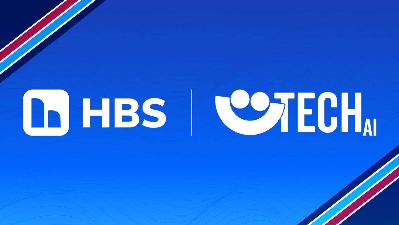 Blue gradient banner showing HBS logo and Tech AI logo separated by a vertical divider, indicating a collaboration or partnership.