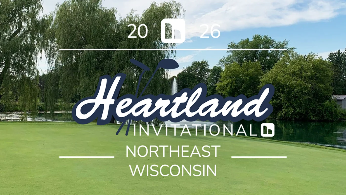 Heartland Invitational logo over a green golf course with trees and a pond in the background, conveying branding for a golf event.