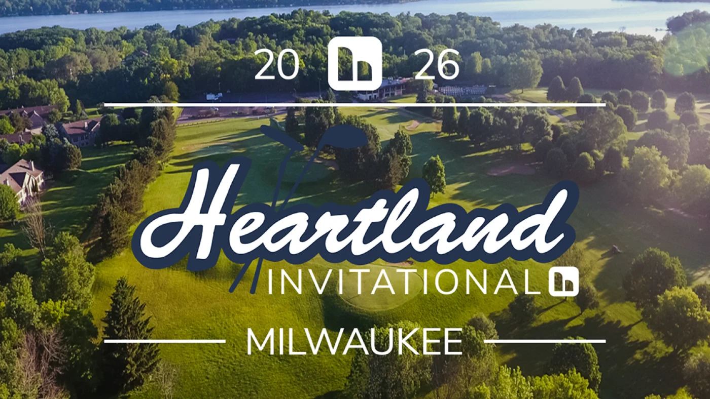 Heartland Invitational Milwaukee graphic featuring a scenic golf course with a pond, lush fairways, and trees under an overcast sky.