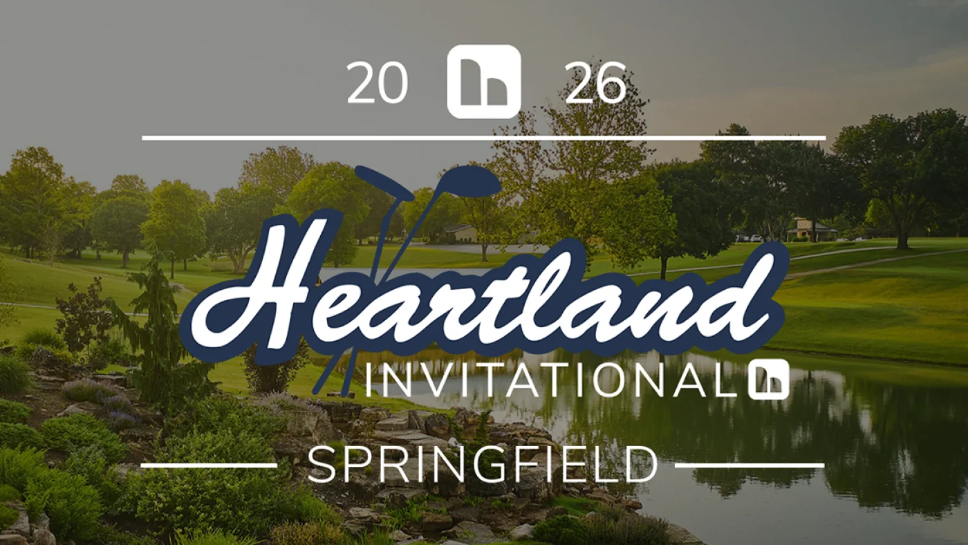 2026 Heartland Invitational – Springfield event graphic featuring a scenic golf course with a pond, lush fairways, and trees under an overcast sky.