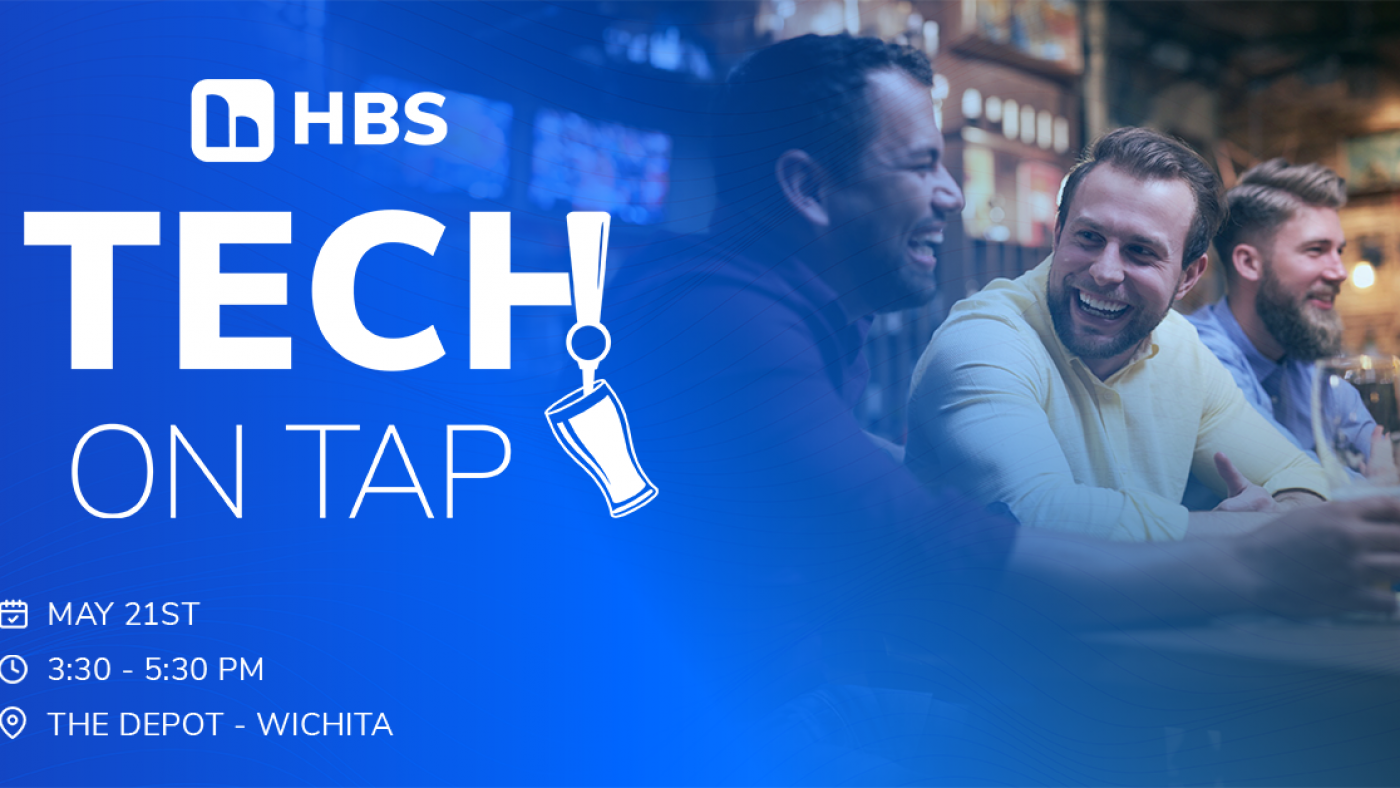 Tech on Tap graphic. Left side is a blue gradient that fades out into the right side which showcases a photo of a group of 3 men smiling and laughing while sitting at a bar. The left side of the graphic displays the white Tech on Tap logo