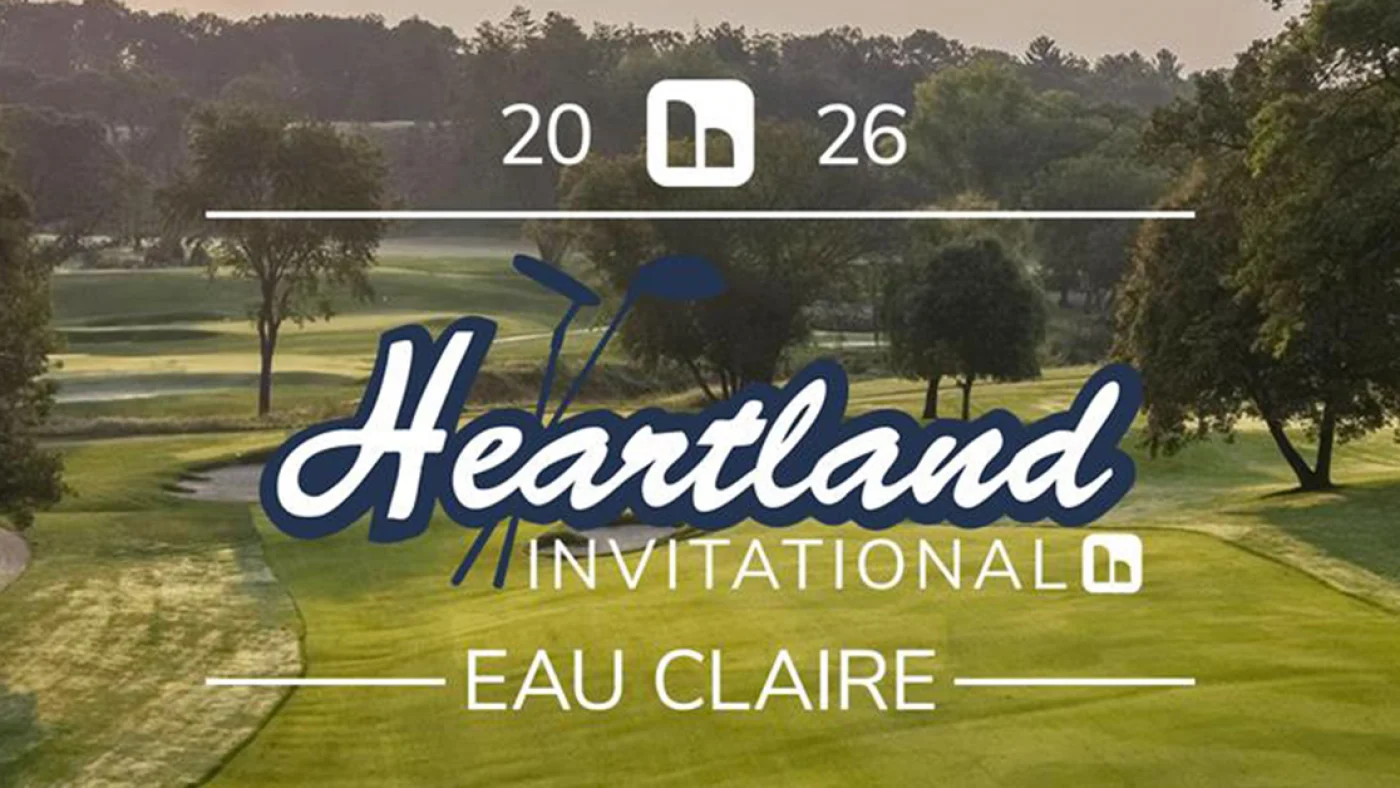 Heartland invitational Eau Claire graphic featuring a scenic golf course with a pond, lush fairways, and trees under an overcast sky.